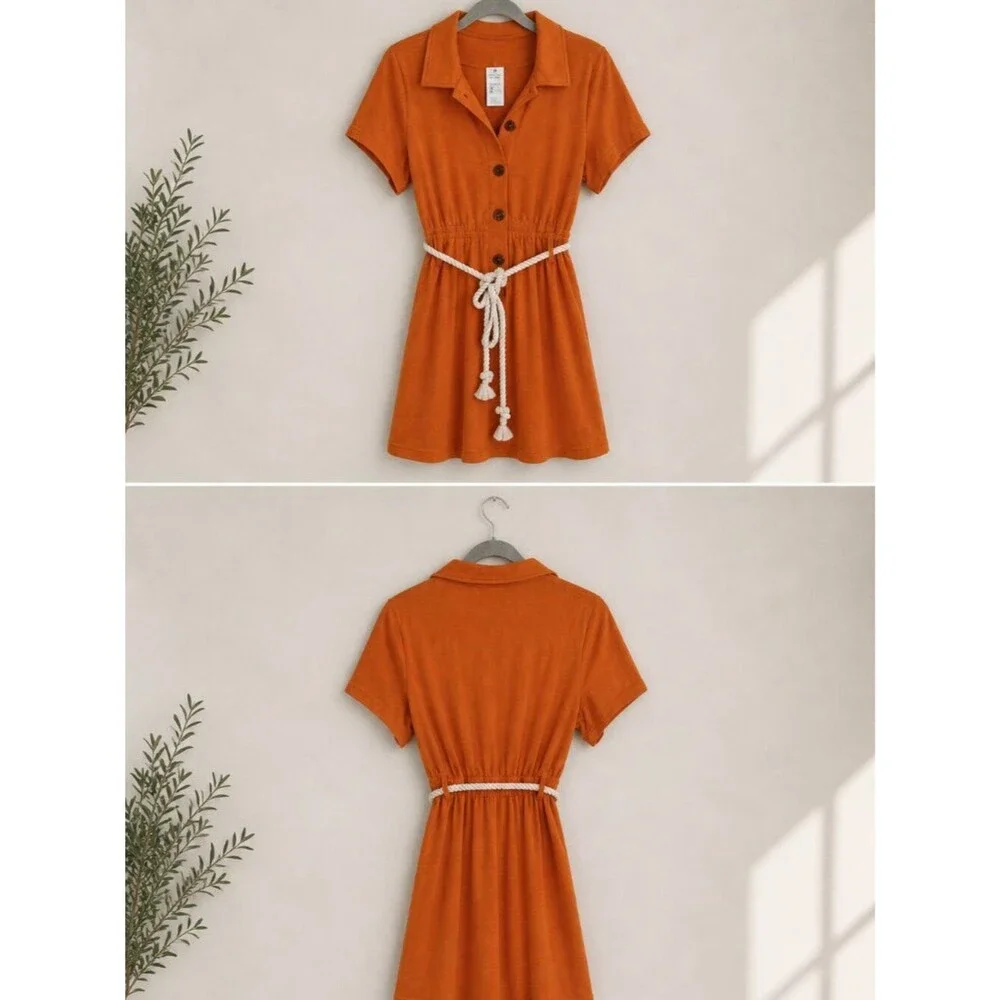 Cupshe Orange Button Front Shirt Dress w/ Rope Belt Size L NWT